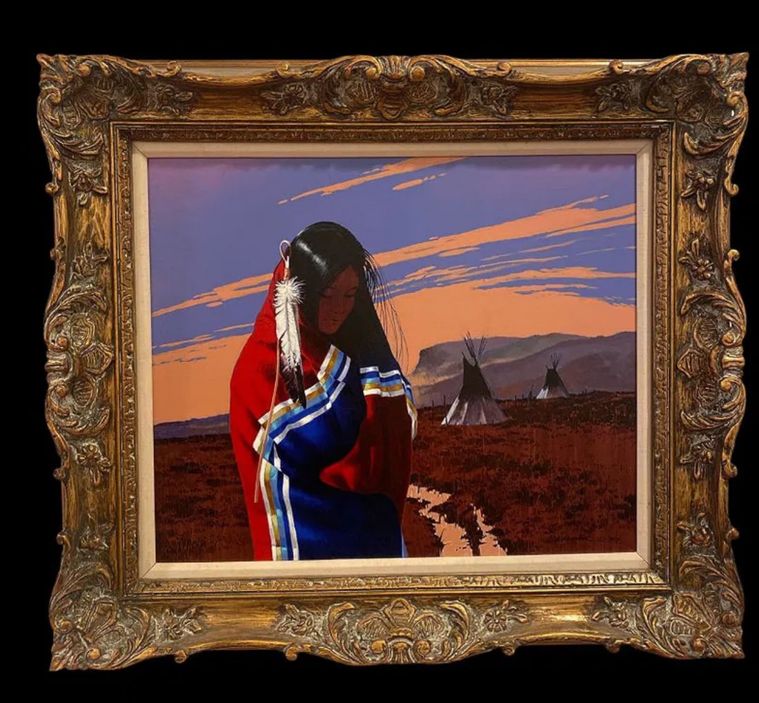 1984 Eagle Feathers - Lawrence Benjamin Porter Painting: Framed: 32 inches Lx 28 in H Painting: 23 1/2 by 19 1/2 Born: 1929 - El Paso, TexasKnown for: Female nude in western landscape painting, romanticism, decorationName variants: Lawrence Benjamin