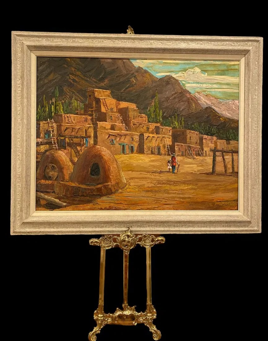 Native American Adobe Oil Painting by E Zepeda: Measurements:Framed: 49 In L x 39 in H