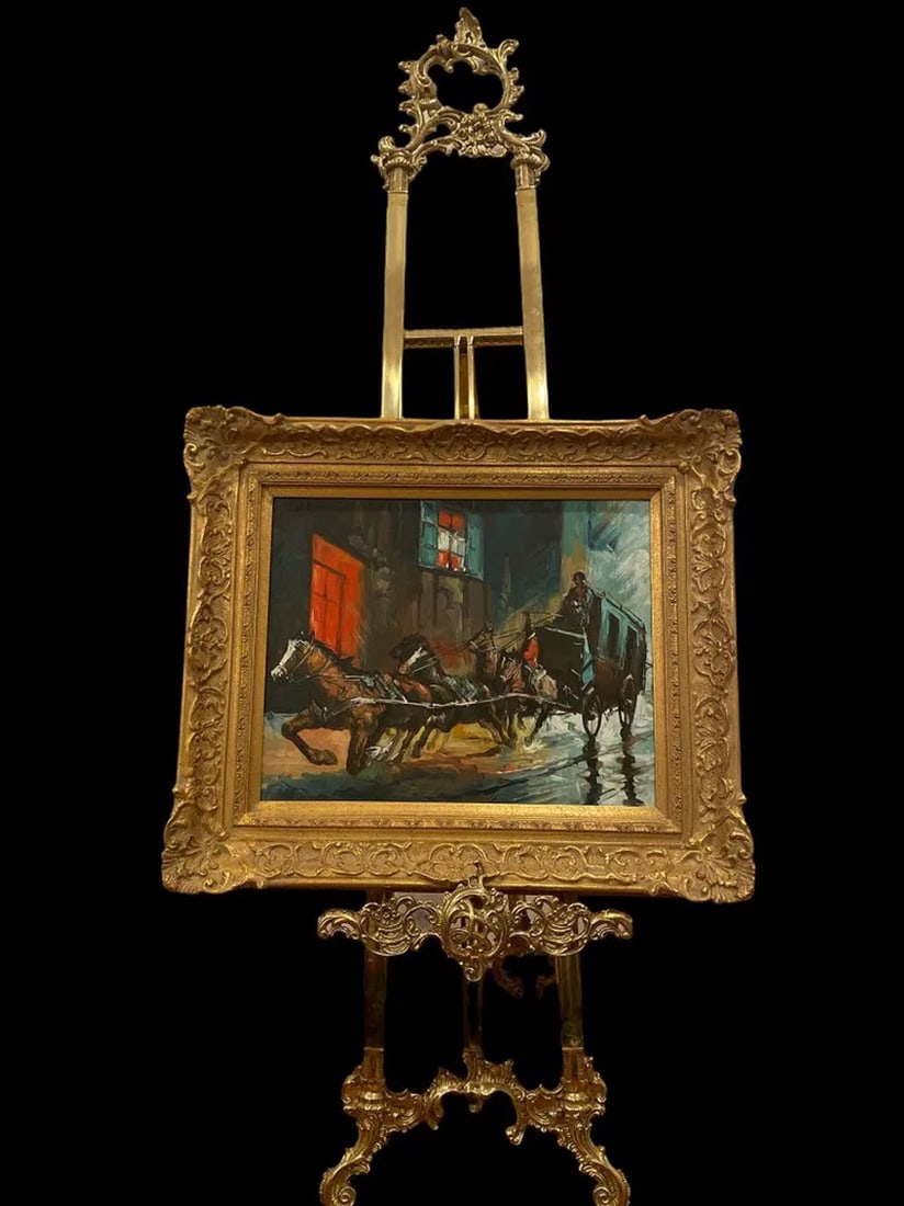 Carriage Horse Scene Oil on Panel Painting: SIZe: 28 in x 24 in