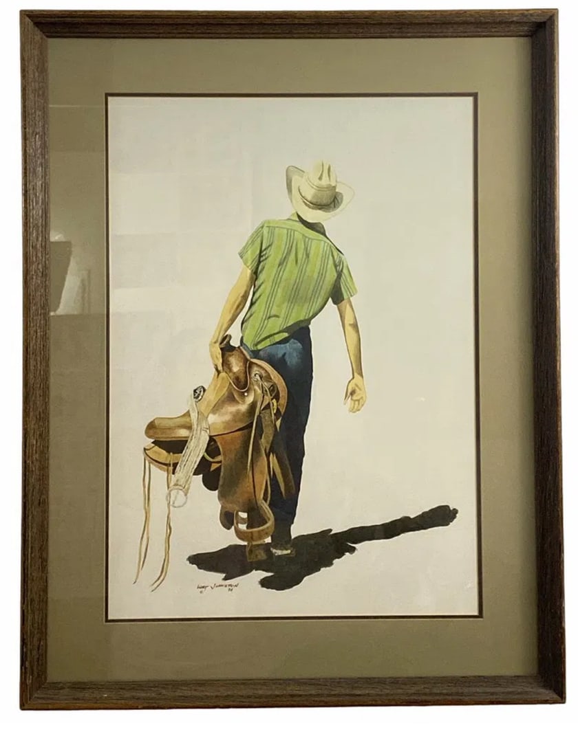 Cowboy by Walt Johnston 1976 - Watercolor Painting: Includes Glass top /Western / Cowboys Painting - Frame: 32in H x x 25 in L