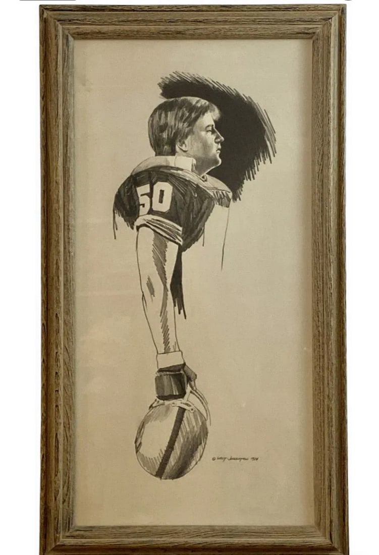 1984 American Football Pencil Art Painting by Walt Johnston: SIZE:24 IN 12 IN