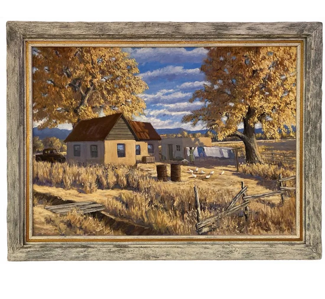 HomeStead Large Adobe Houses Oil on Canvas Painting: frame: 49 in H x 38 in H -