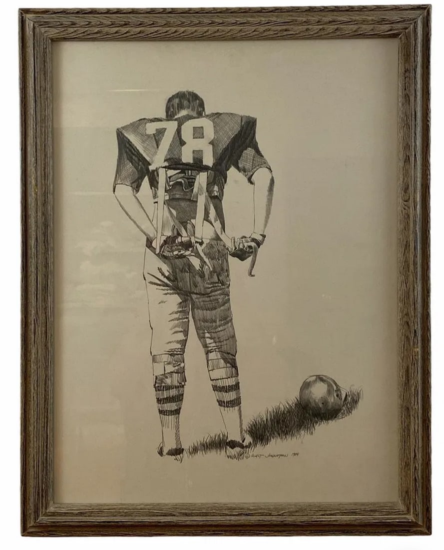 1984 American Football Pencil Drawing by Walt Johnston: Pencil Art -Frame: 27 in L x 21 in H -