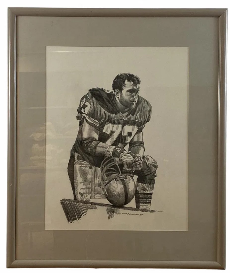 1988 American Football Pencil Drawing by Walt Johnston: Pencil Art -Frame: 25 in H x 21 in L