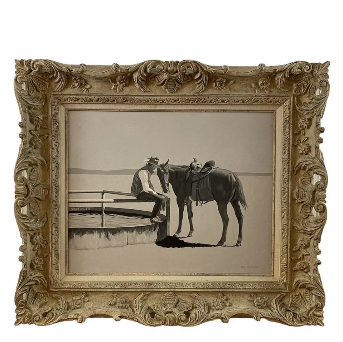 Western Cowboy and Horse Black and White Collection Oil Painting by Walt Johnston: Western - Horse - Cowboy Oil painting on Canvas - Frame: 28 in H x 24 in Painting: 19 1/2 in H x 15 1/2