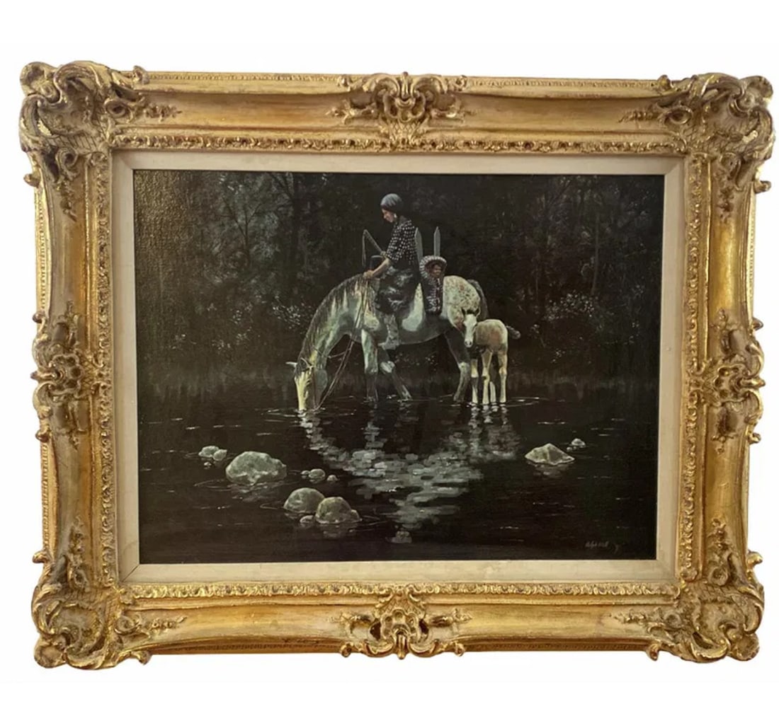 Limited Edition Native American Print by Ralph Wall: Copyright - limited edition- mom and baby Western - Oil painting on Canvas - Frame: 31 1/2 H x 25 1/2 in