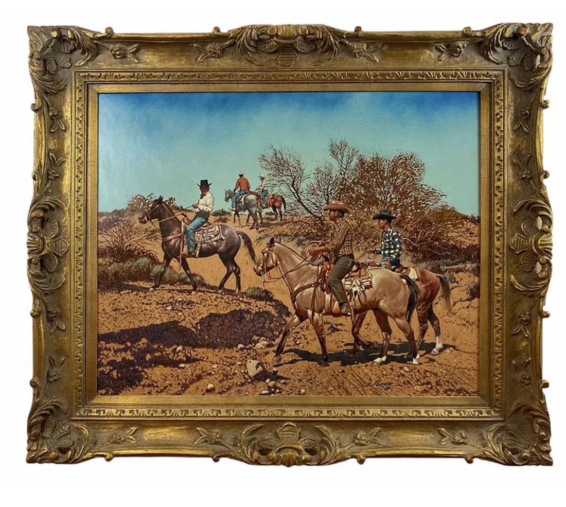 Searching Party - Oil On Panel by L. Benjamin Porter: Oil Painting by Benjamin Porter. Measurements: 39 in L x 33 in H - Painting: 29 in x 23 in H ***Born: 1929 - El Paso, TexasKnown for: Female nude in western landscape painting, romanticism,