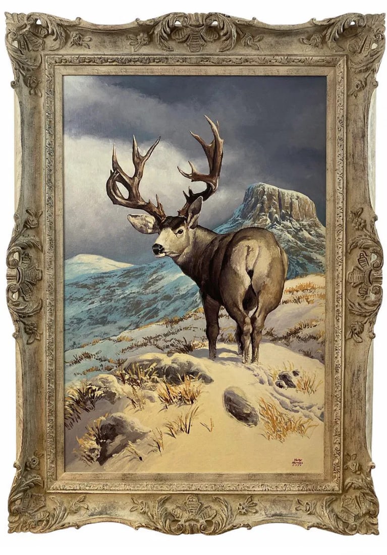 Wildlife Mule Deer Oil Painting by Hector Morales: Size: 34 in H x 32 in L - Painting: 35 in H x 23 in L ***** About HectorHector Moralesspecializes in southwestern art, and has been painting for almost fifty years. His specialities include oil and