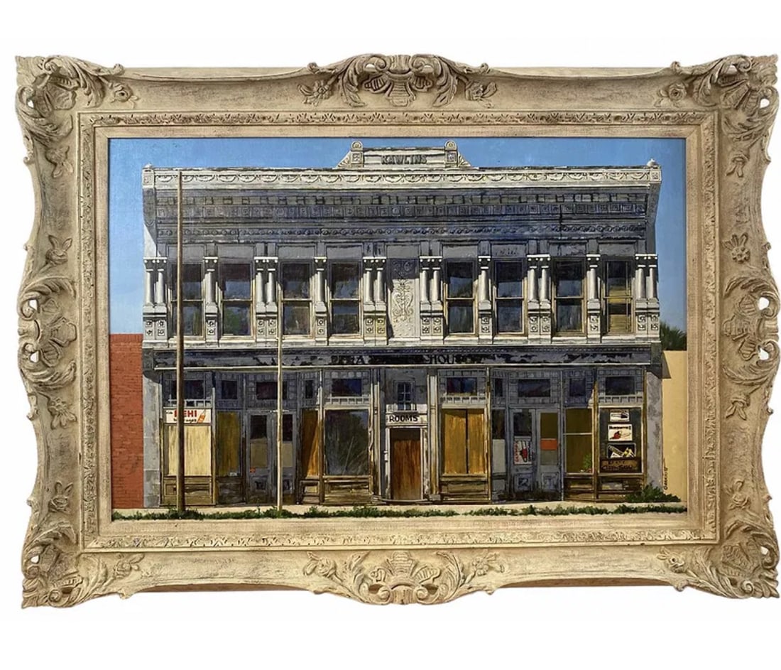The Rawlins Building Oil Painting by Garriott: Historic hotel and rooming house in the Railroad Avenue Historic District in Las Vegas, New Mexico. - Gene Garriott (1930-1995)Frame Size: 44 in L x 32 in H - Painting: 32 in L x 22 1/2 ****Gene
