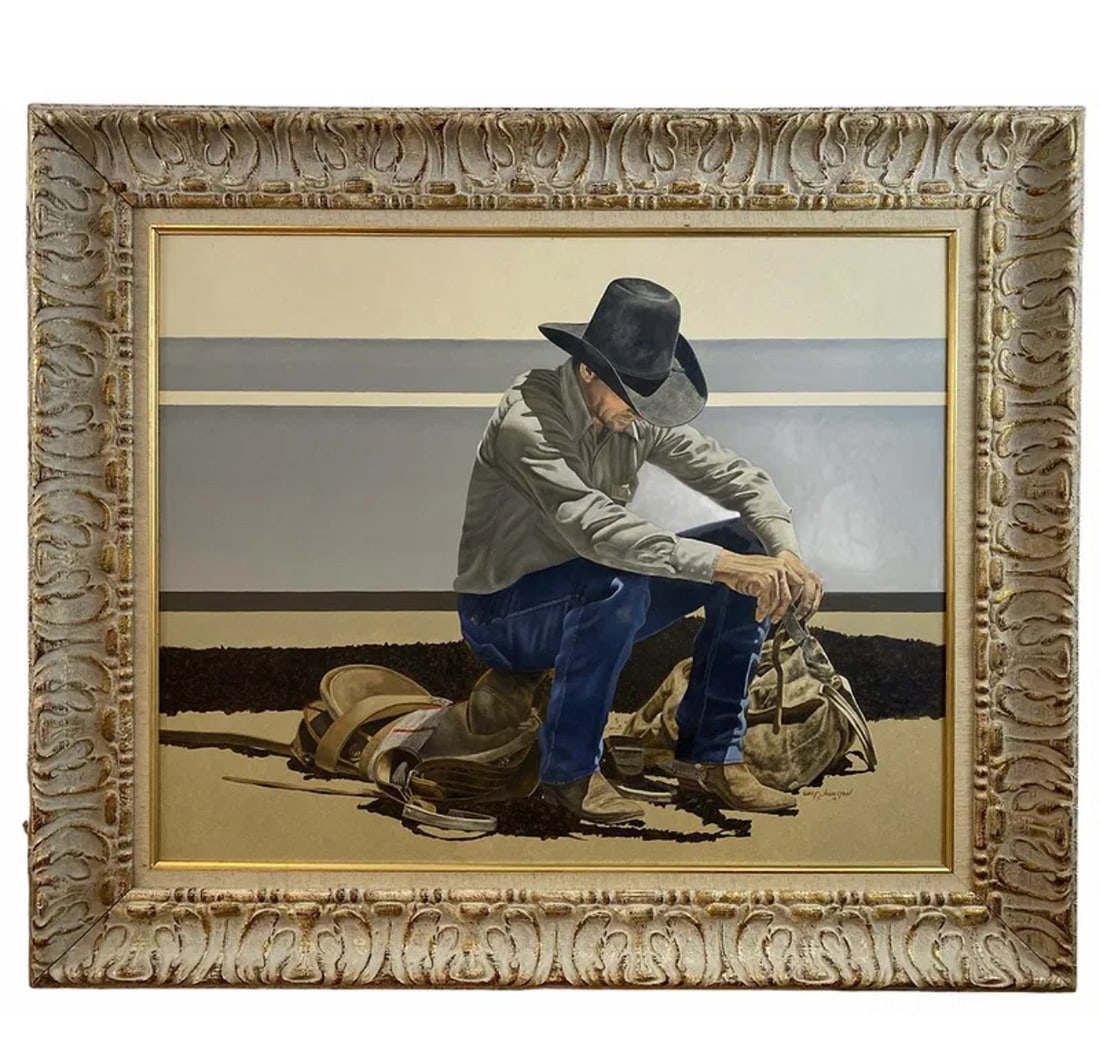 1982 Cowboy Oil Painting by Walt Johnston: Frame: 38 in L x 32 in H - Painting : 30 in L x 23 in ***** 1932-2018Simply put, Walt Johnston was a contemporary realist. He looked at everything in the most modern way, saw the underlying abstract
