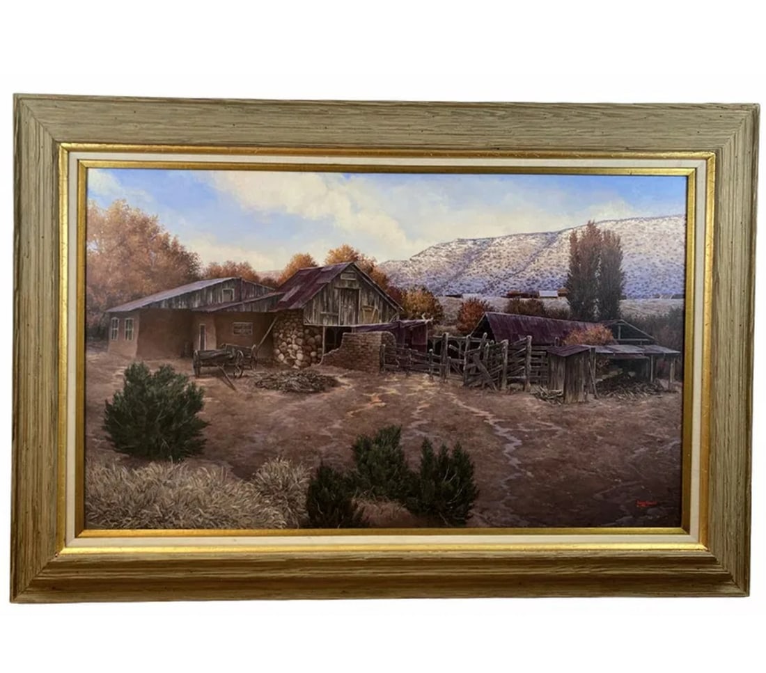 Old Farm by Hector Morales Landscape Oil Painting: Frame size: 50 in L x 34 in H - Painting: 39 in L x 23 in H **** About HectorHector Moralesspecializes in southwestern art, and has been painting for almost fifty years. His specialities include oil a