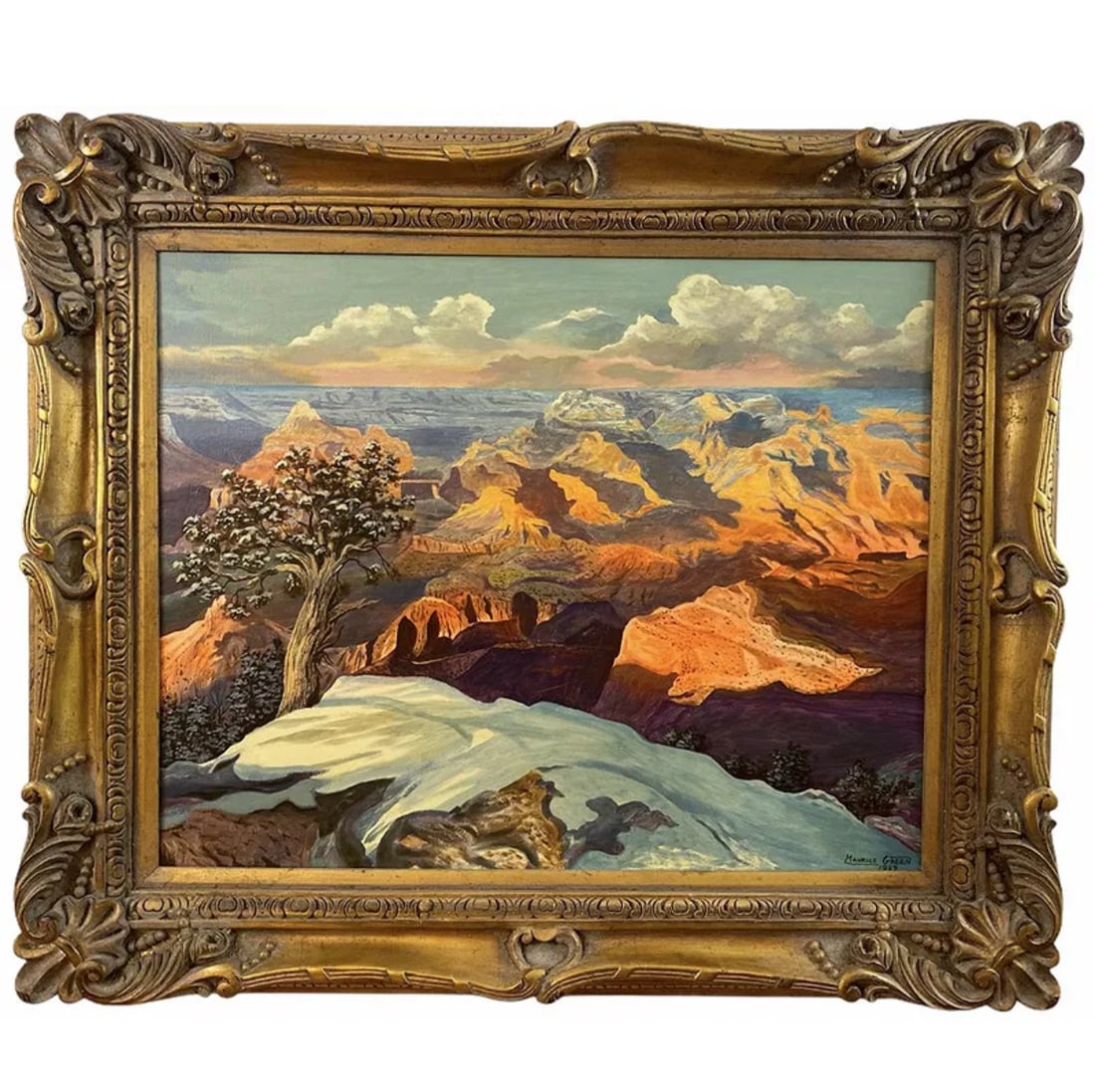 Impressive Landscape Oil Painting by Maruce Green: Frame: 39 in L x 33 in H - Painting: 29 in L x 23 in H ***** Oil on canvas by famous Albuquerque artist Maurice Green who lived and worked in Albuquerque until he passed in 2000. Its oil on Panel and