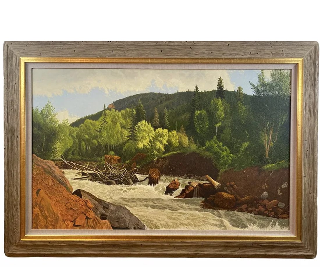 1985 Landscape Oil Painting by Walt Johnston: Frame: 60 in L x 41 in H - Painting: 48 in L x 30 in H **** Walt Johnston ( 1932-2018) was a contemporary realist. He looked at everything in the most modern way, saw the underlying abstract form, the