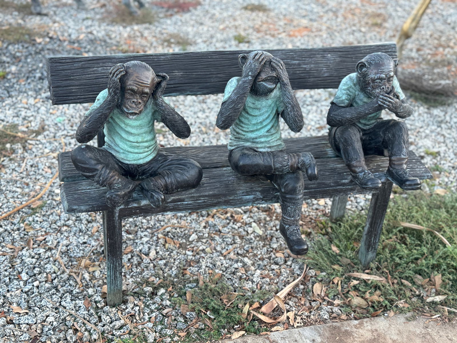 Three Wise Monkeys on Bench Bronze Sculpture: Size:45 in x 19 in x 30 in H