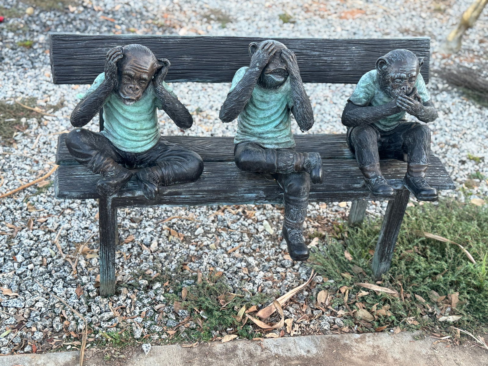 Three Wise Monkeys on Bench Bronze Sculpture - 2