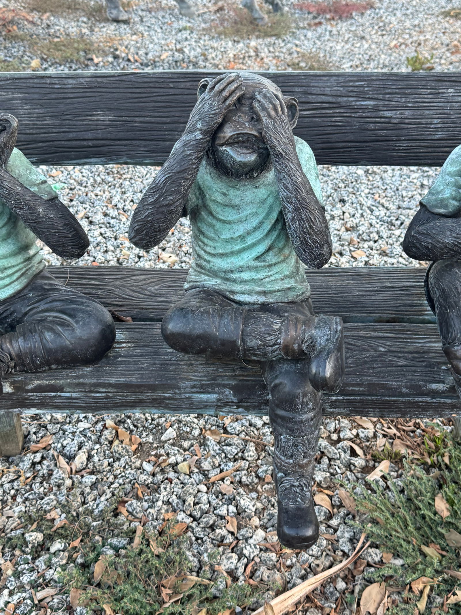 Three Wise Monkeys on Bench Bronze Sculpture - 3