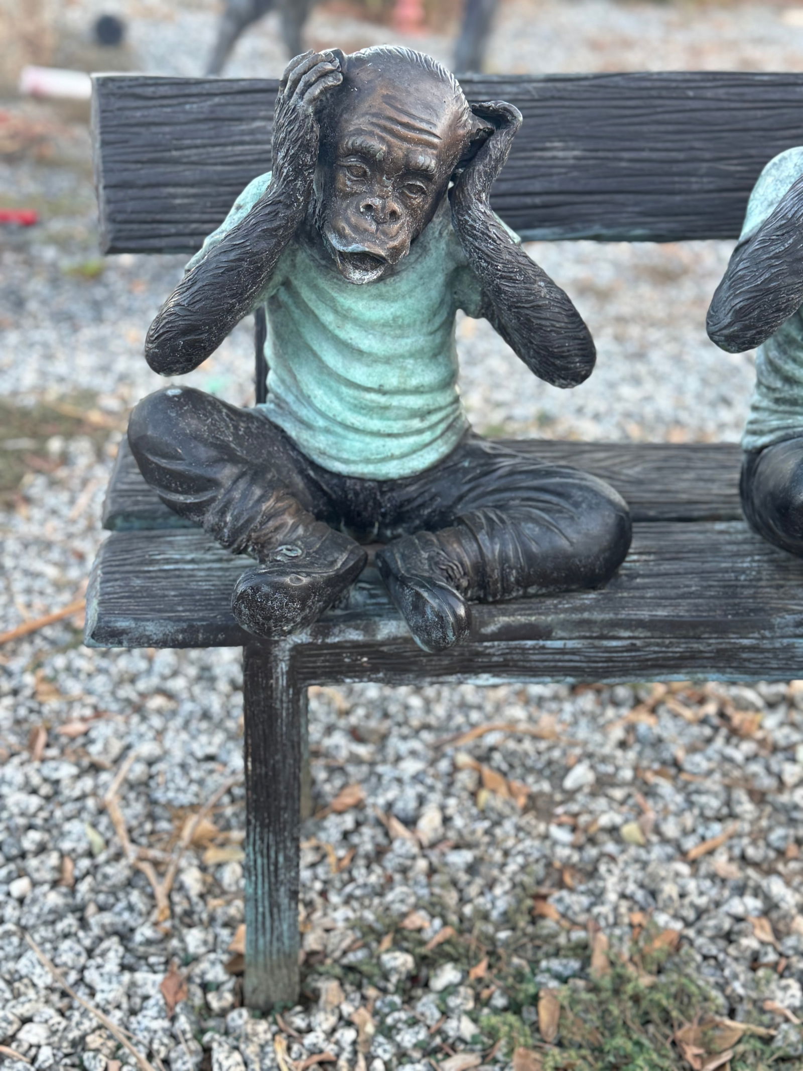 Three Wise Monkeys on Bench Bronze Sculpture - 4