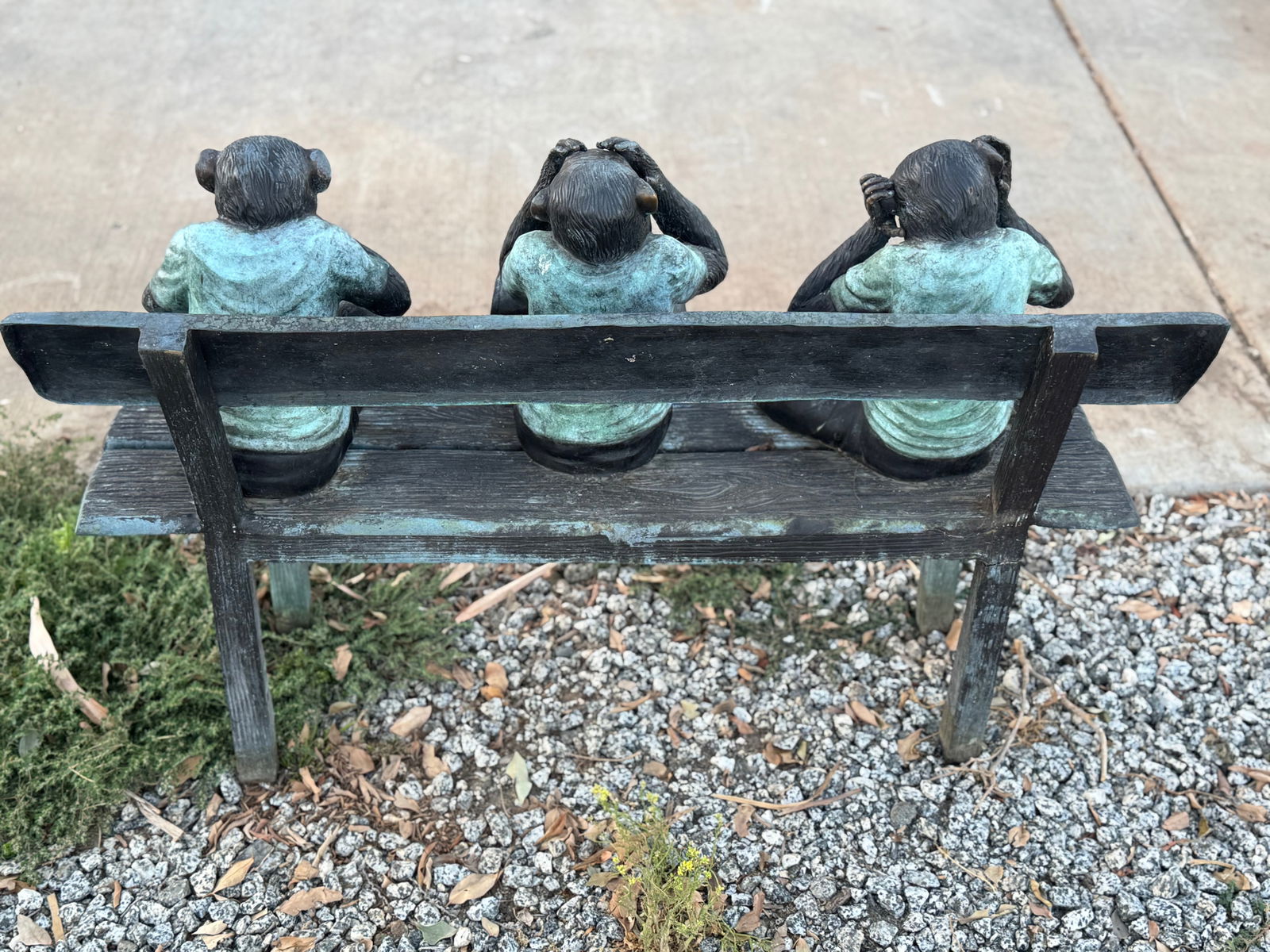 Three Wise Monkeys on Bench Bronze Sculpture - 6