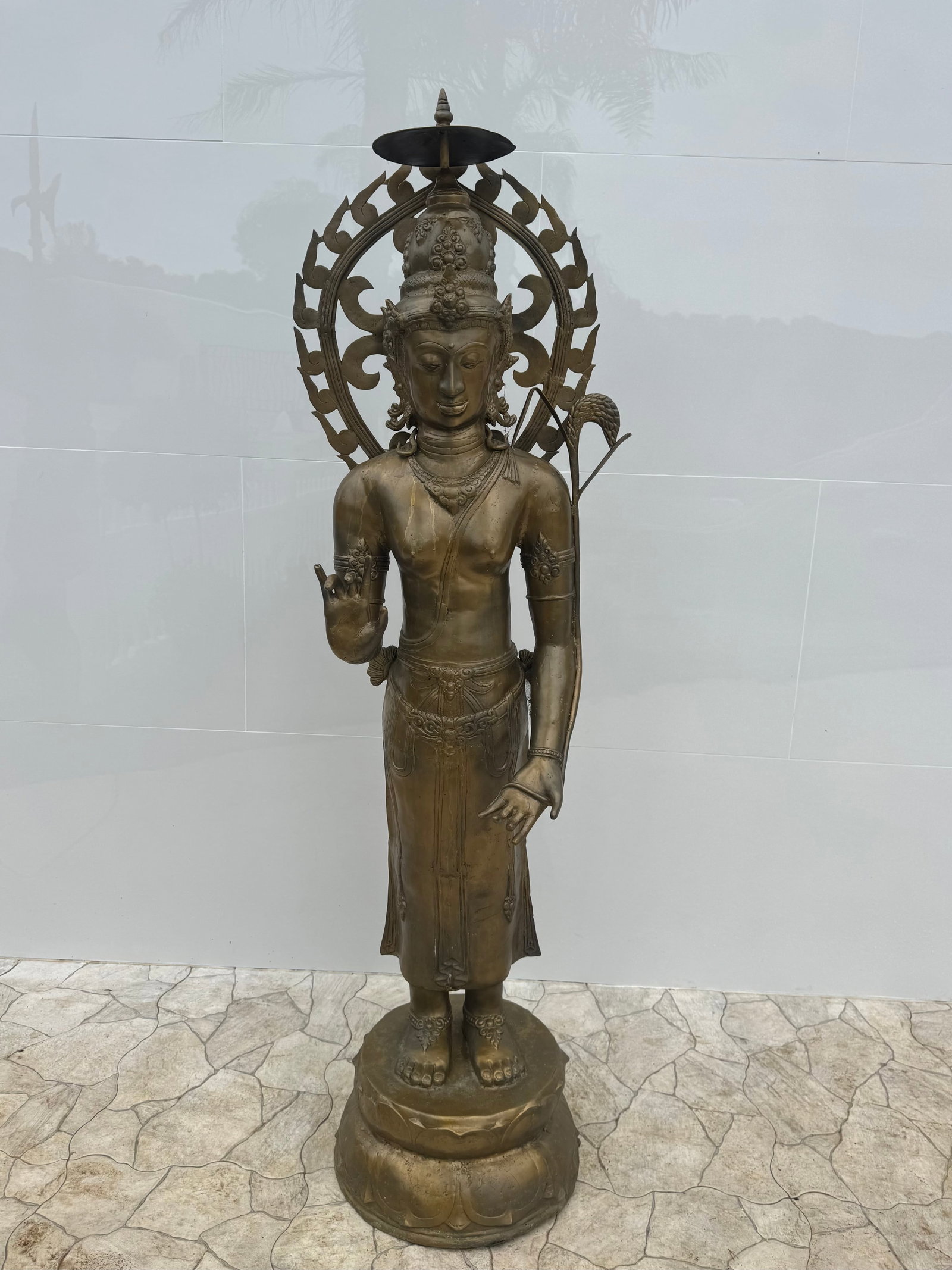 Life Size Antique Hindu God Vishnu Bronze Sculpture: Size: 69 in x 24 in x 20 in