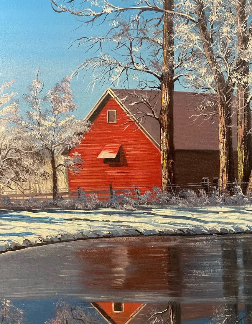 Red Winter Cabin Oil on Panel Signed - 2