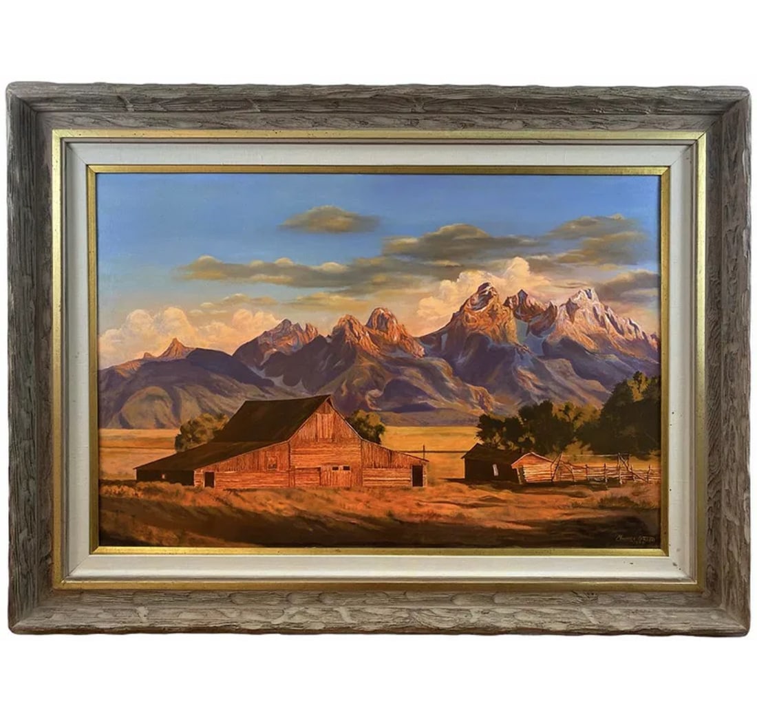 1990 Sunset Oil Painting Landscape by Maurice Green: Frame: 46 in L x 34 in H - Painting: 35 1/2 x 23 1/2 ***** Maurice Green Oil on canvas by famous Albuquerque artist Maurice Green who lived and worked in Albuquerque until he passed in 2000. Its oil o