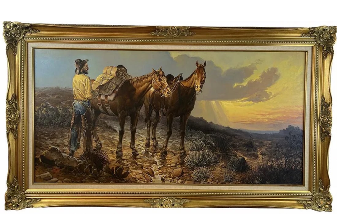 Western Oil Painting by Hector Morales: 56 in L x 32 I. h - Painting: 47 in L x 23 in H - Hector Moralesspecializes in southwestern art, and has been painting for almost fifty years. His specialities include oil and acrylic paintings but he