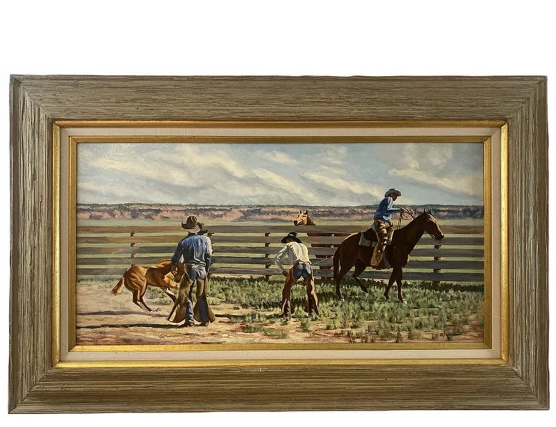 Western Oil Painting on Panel by Joy Lynch: Frame: 40 in L x 25 in H - Painting: 29 1/2 in L x 14 1/2 in H -****