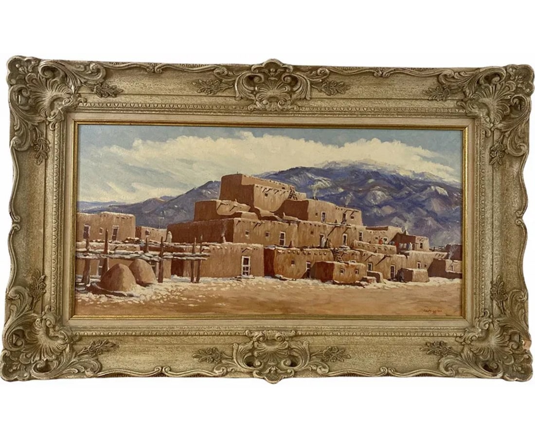 Adobe Town Toas Oil Painting by Ralph Leyba: The ancient Native American settlement of Taos Pueblo, New Mexico - Frame: 39 in L x 24 - Painting : 30 in L x 15 in H