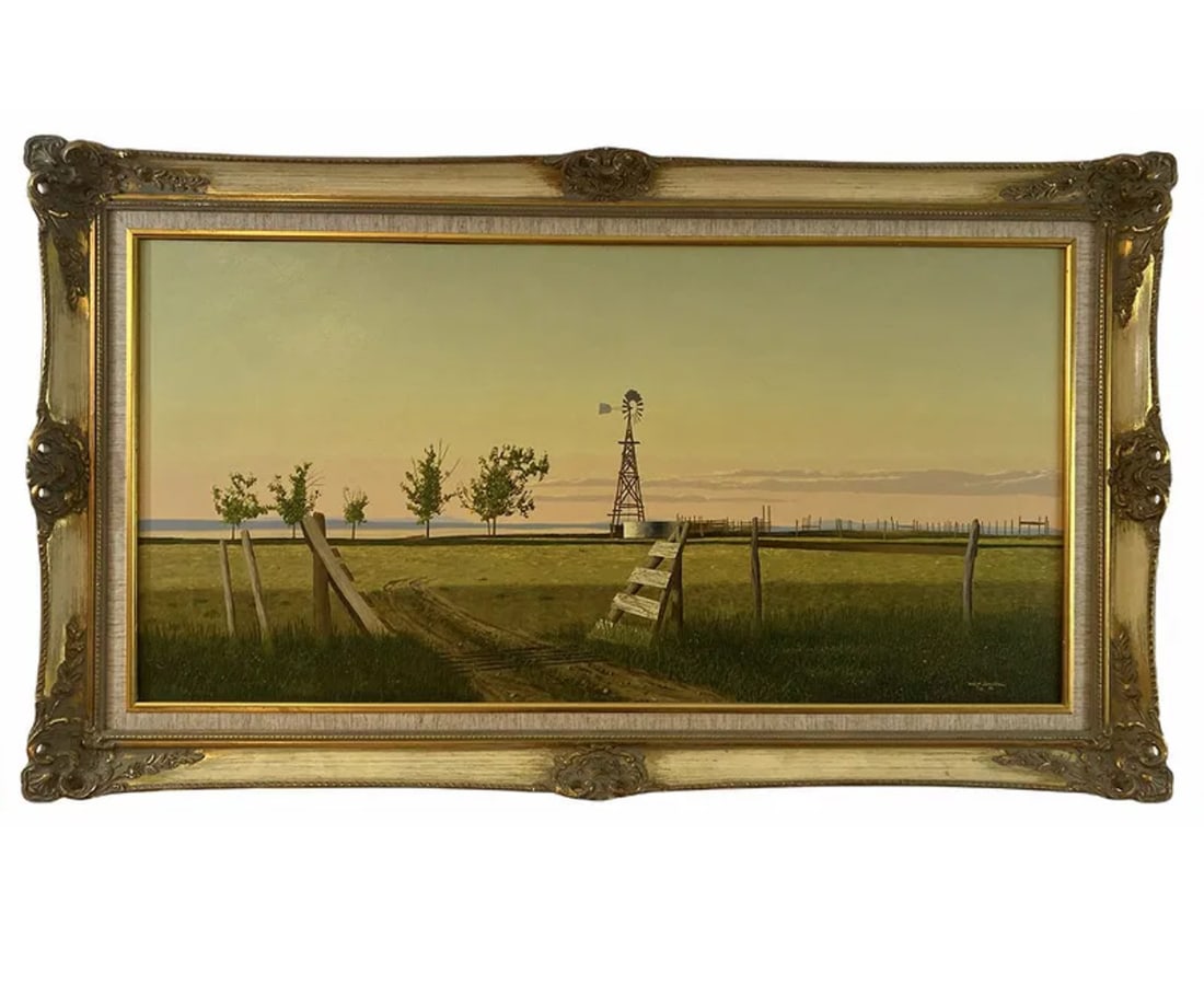 1980 Windmill Oil Painting by Walt Johnston: Oil On Panel Frame: 42 x 24 in - Painting size: 35 1/2 x 27 1/2 in ***Walt Johnston ( 1932-2018) was a contemporary realist. He looked at everything in the most modern way, saw the underlying abstract