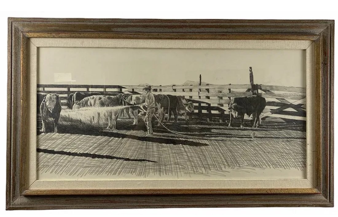 1984 Another Day Pencil Art Drawing by Walt Johnston: Frame: 45 x 25 in - Painting: 36 in L x 16 in H -Oil Painting by on Canvas. Walt Johnston ( 1932-2018) was a contemporary realist. He looked at everything in the most modern way, saw the underlying ab