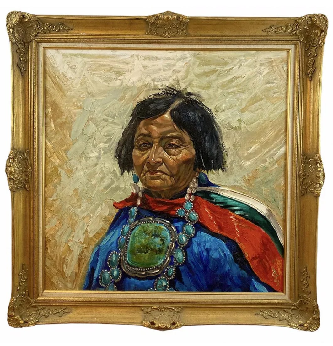 Large Native Woman Oil Painting: Unknown artist- Frame: 45 in L x 45 in H