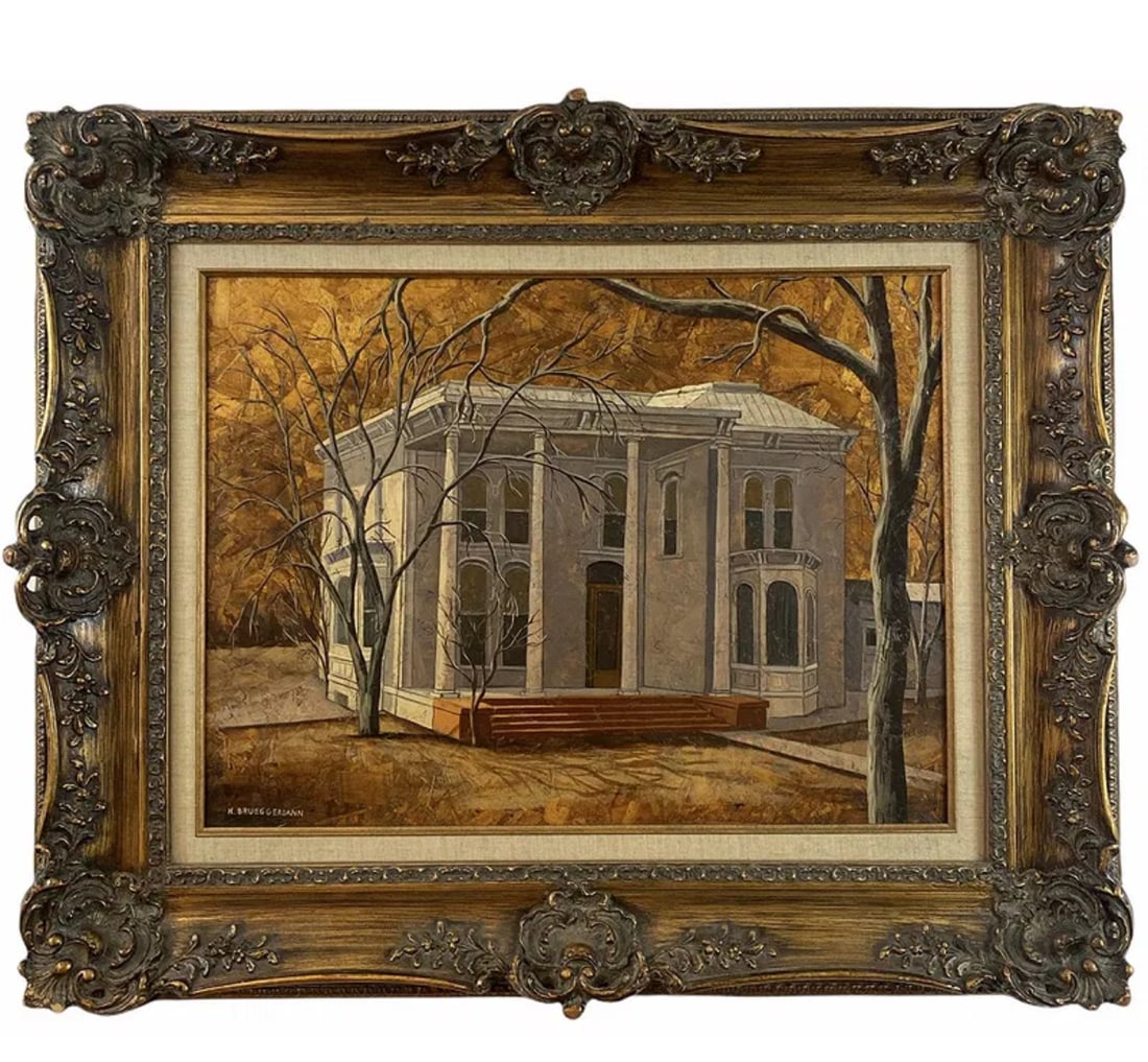 White House Particle Board Painting by K. Breuggeman: Frame: 35 in L x 28 in - Painting : 24 In x 17 in H ***Here we have a beautiful still life painting by artist Karen Breuggemann, who specializes in Native American themes, especially still lifes of po