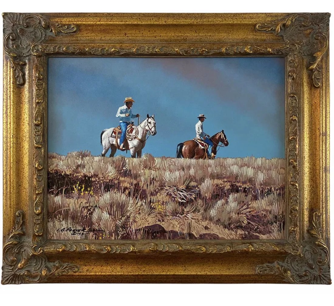 1985 Hill Top Riders Oil Painting by L. B Porter: Frame: 24 in L x 20 in H - Painting:18 in L x 14 in H **** L. b. Porter ** Born: 1929 - El Paso, TexasKnown for: Female nude in western landscape painting, romanticism, decorationName variants: Lawren