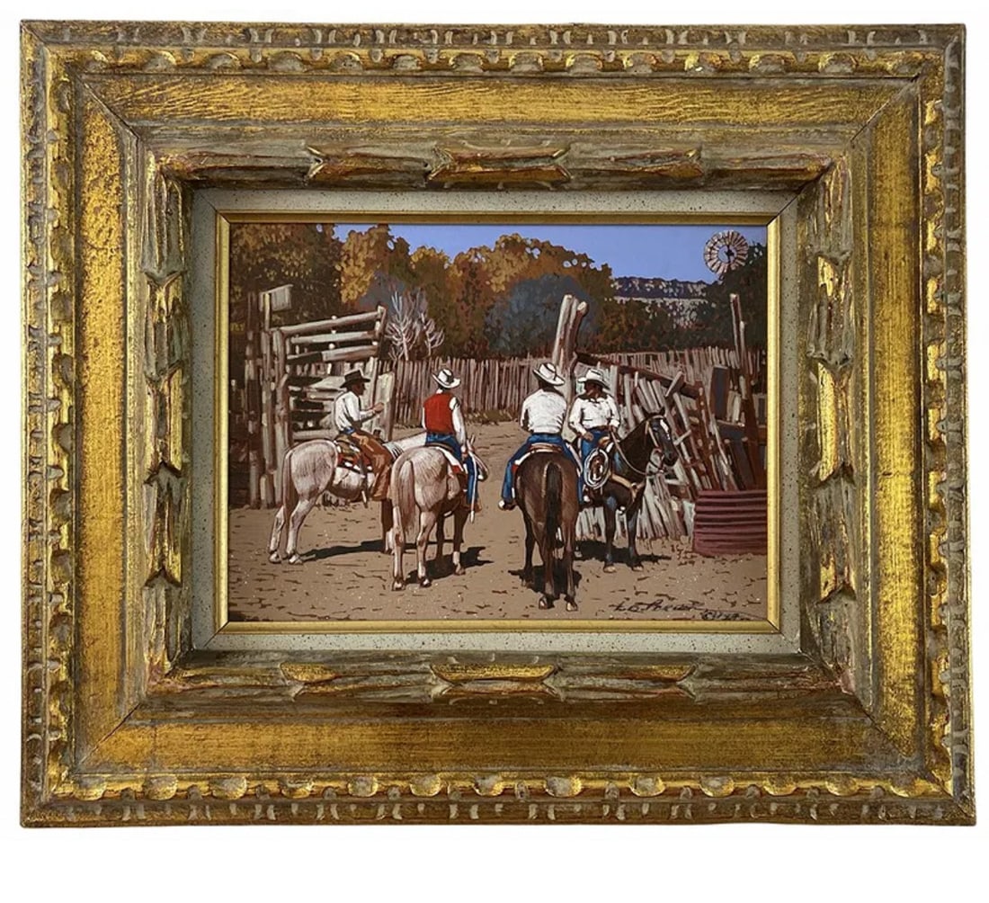 1981 The Big Corral by L.B. Porter: Frame: 20 in L x 17 in H - Painting: 11 in L x 9 in ***Oil Painting on Canvas 1988 by L.B. Porter ; L. b. Porter ** Born: 1929 - El Paso, TexasKnown for: Female nude in western landscape painting, rom