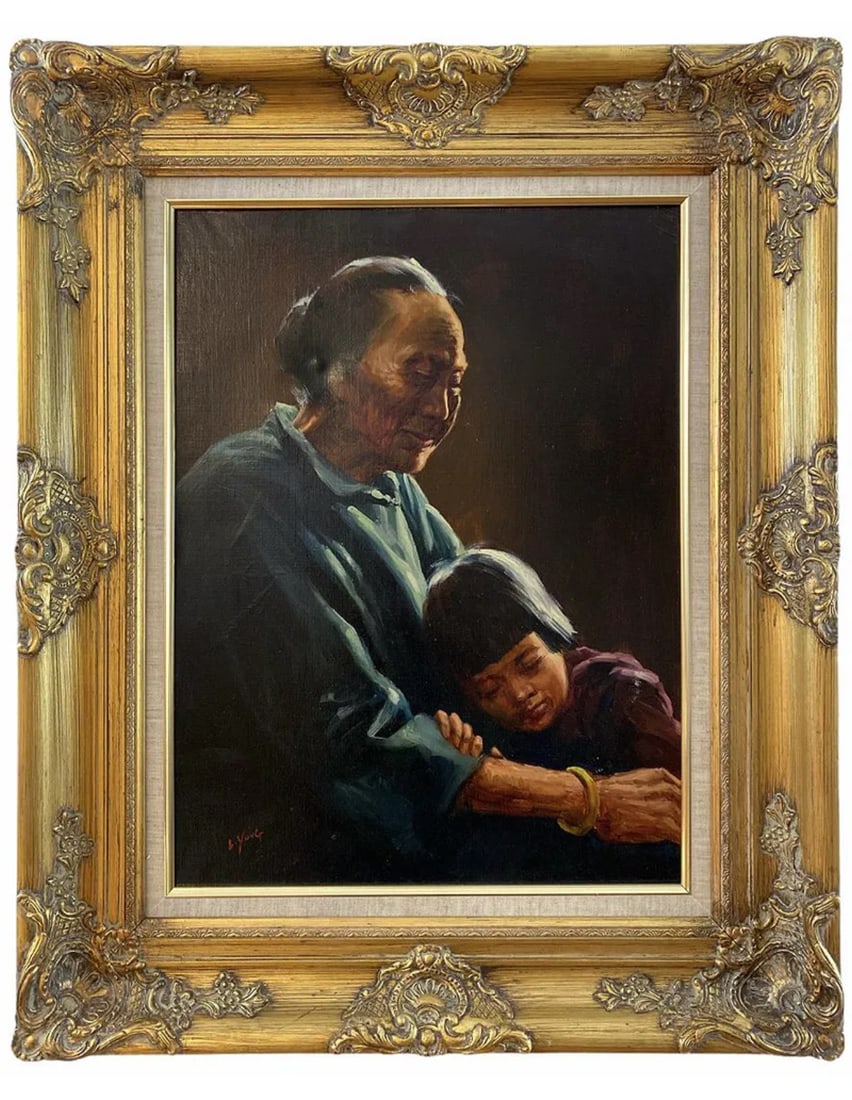 Grandmothers Love Oil Painting by L. Yung: Oil Canvas Painting - Frame: 34 in H x 28 in L