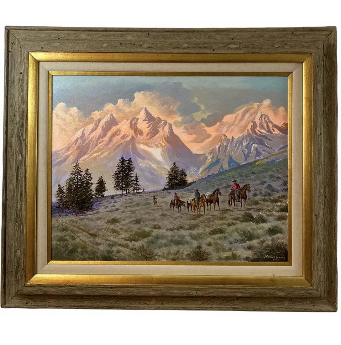 1990 Landscape Oil Painting by Maurice Green: Frame: 39 in L x 34 in H - Painting: 28 in L x 21 in H ***Maurice Green Oil on canvas by famous Albuquerque artist Maurice Green who lived and worked in Albuquerque until he passed in 2000. Its oil on