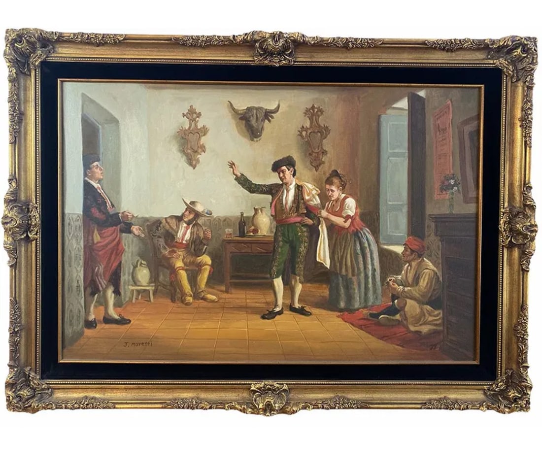 Matador Oil Landscape oil Painting by J. Movetti: Spain Inspired Oil Painting - Frame: 43 in L x 31 in - Painting: 36 in L x 24 in H -
