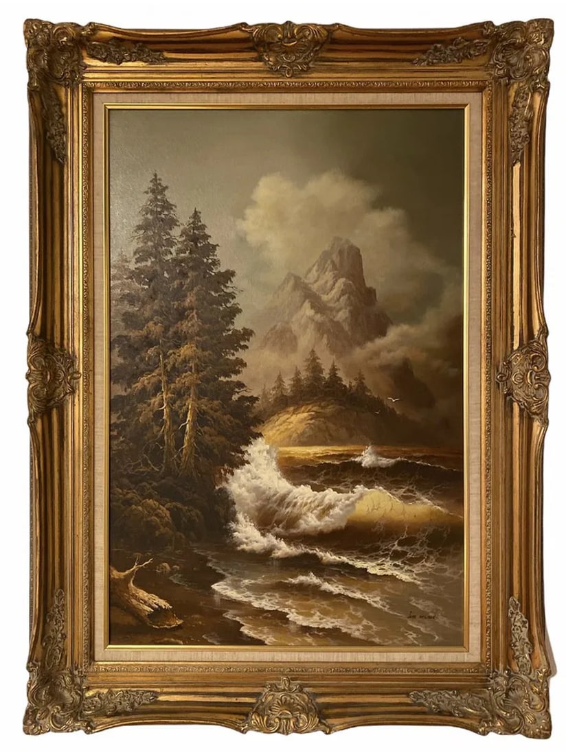 Landscape Oil Painting by June Nelson: Frame: 45 in L x 34 in H - Painting :35 in L x 23 in L This artwork "Seascape" c. 1990 is an oil painting on canvas by noted artist June Nelson, 20th Century. It is signed at the lower right corner by