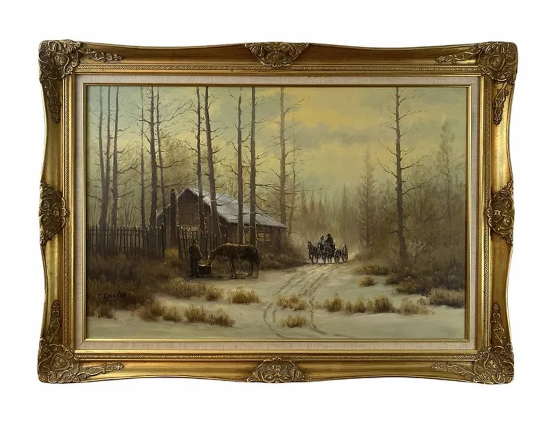 Oil on Canvas Painting by C. Delvin: Frame: 43 in L x 31 in H -