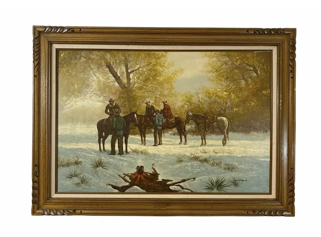 Western Oil Painting on Canvas by John Stanford: Frame: 43 in L x 31 in H