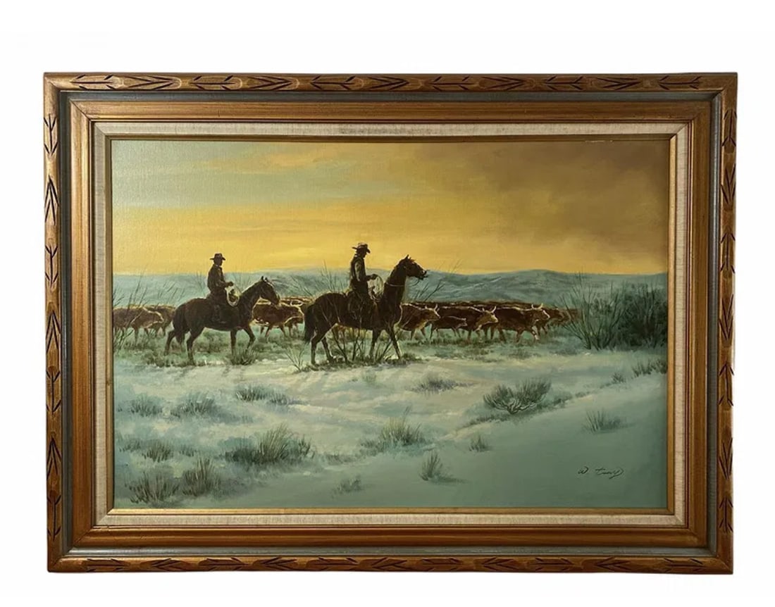 Western Sunset Oil Painting by W. Tony: Frame: 44 in L x 32 in H