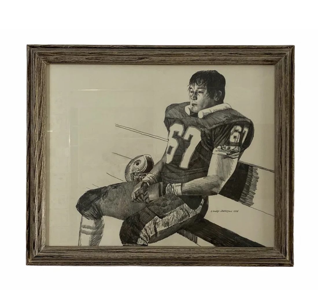 1984 Football pencil Drawing Art by Walt Johnston: sIZE: 23 IN X 17 IN