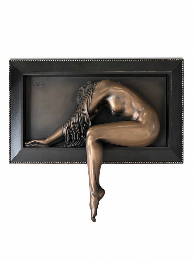 Bill Mack Bronze Female Figure Wall Art Framed Sculpture: Frame size:44x 27” Woman figure size: 34”x34” Stunning Bill Mack sculpture. Bronze finish female figure wall art. Has a dark frame. One leg extends out from the frame. Really unique 