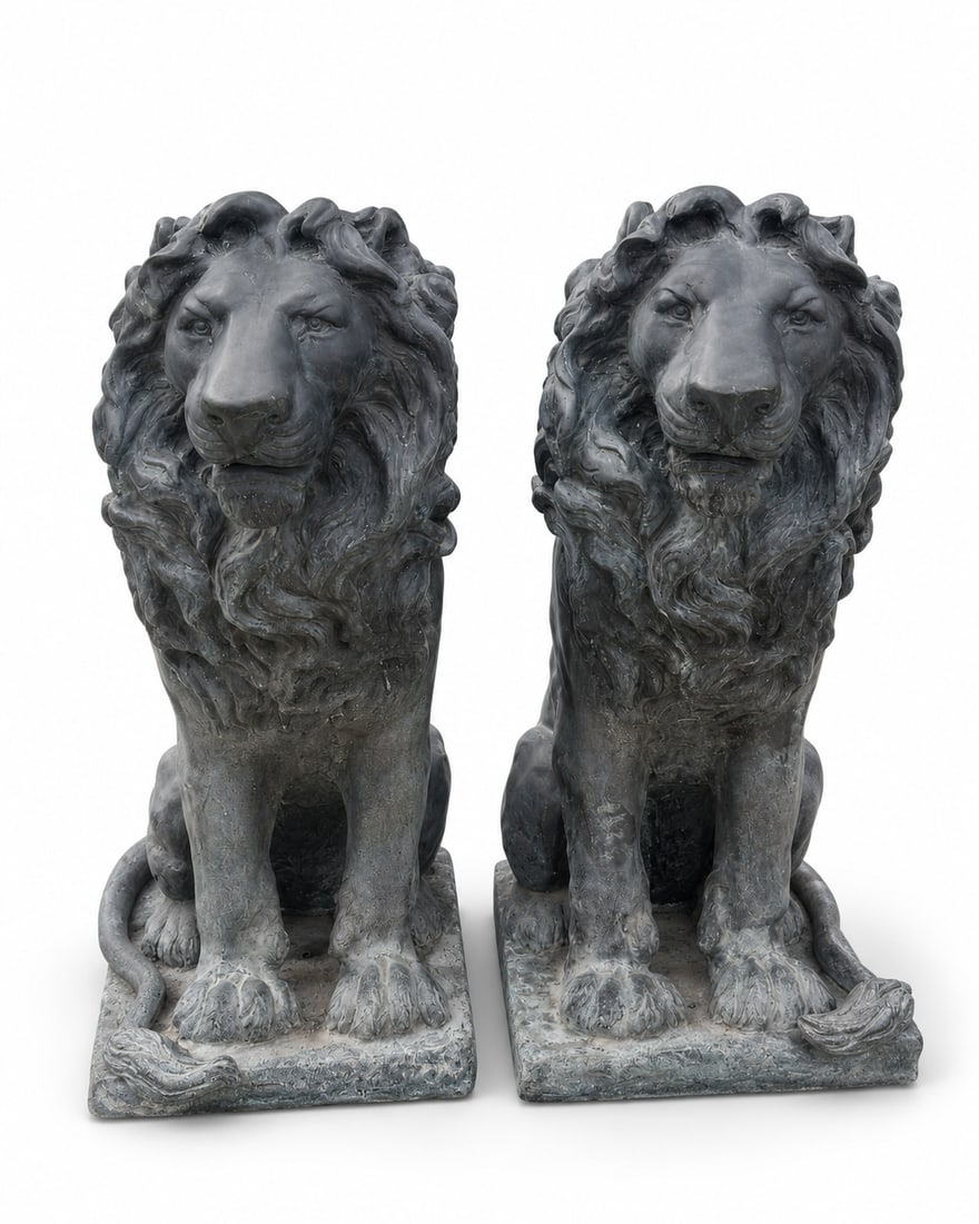 Pair of Bronze Lions Sculptures: Price $8500 for the pair. Size; 50” H x34” x 24” Detailed pair of sitting lion statues. Each has a dark gray bronze color. They have intricate mane and facial details. Statues sit on