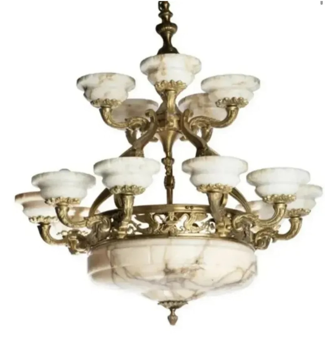Large French Bronze and Alabaster Chandelier: Size: 40 in x 38 in - 20th Century