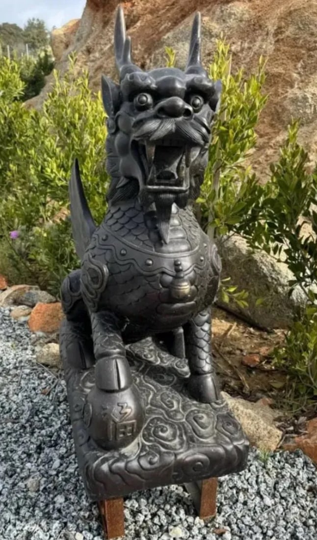 Large Bronze Dragon Foo Dog Sculpture: SIZE: 44 IN X 25 IN 13 IN