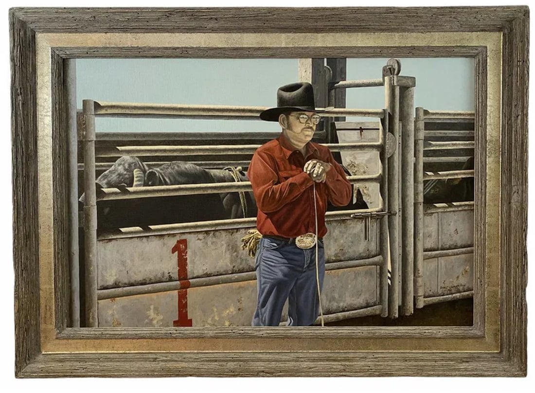 1982 Cowboy Oil Painting by Walt Johnston: 43 in L x 31 in H -Painting: 35 in L x 23 in H *****1932-2018Simply put, Walt Johnston was a contemporary realist. He looked at everything in the most modern way, saw the underlying abstract form, the