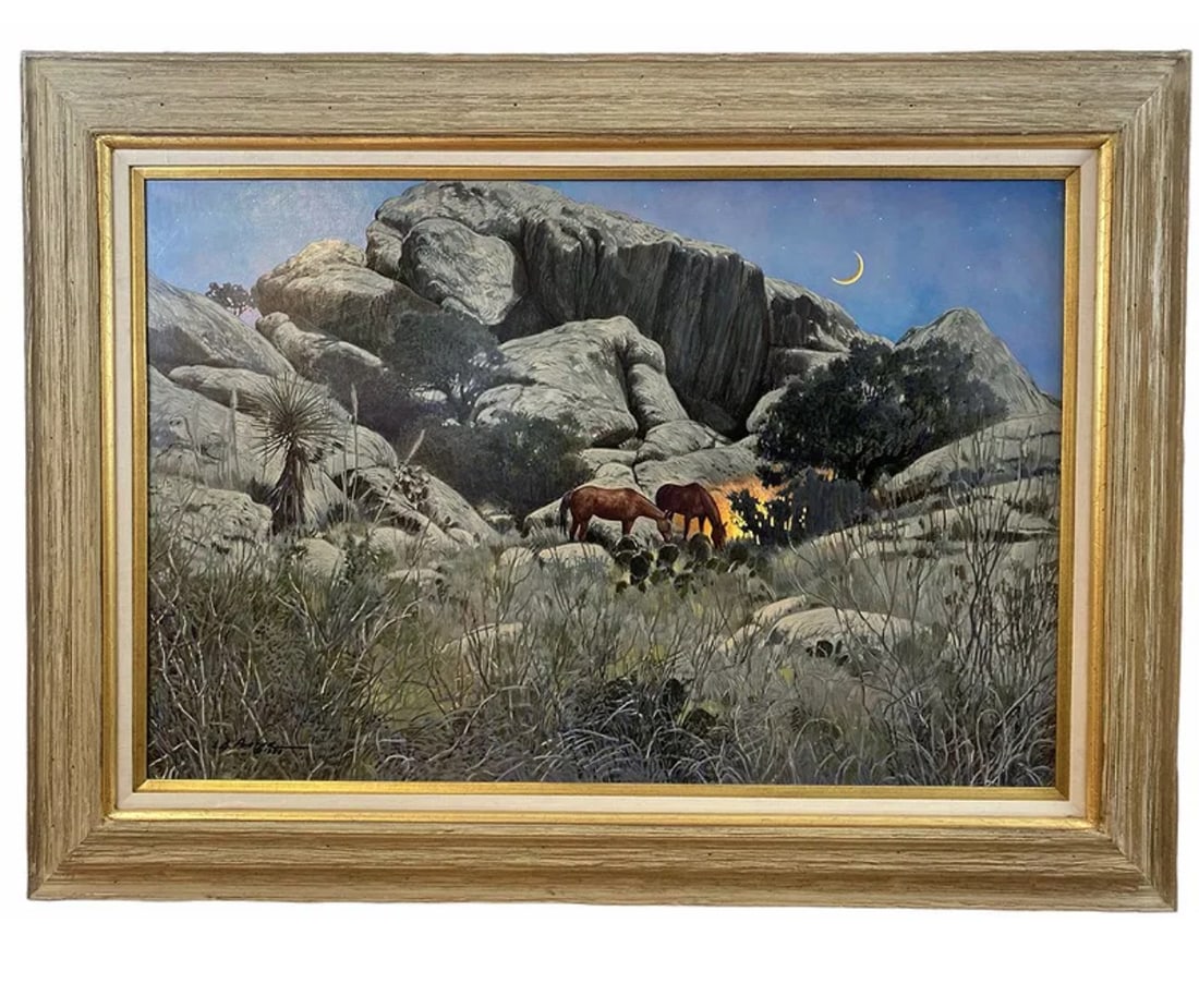 Camp Fire by Oil Painting L. Benjamin Porter: Frame: 46 in L x 34 in L - Born: 1929 - El Paso, TexasKnown for: Female nude in western landscape painting, romanticism, decorationName variants: Lawrence Benjamin Porter.L.B. Porter - (Lawrence