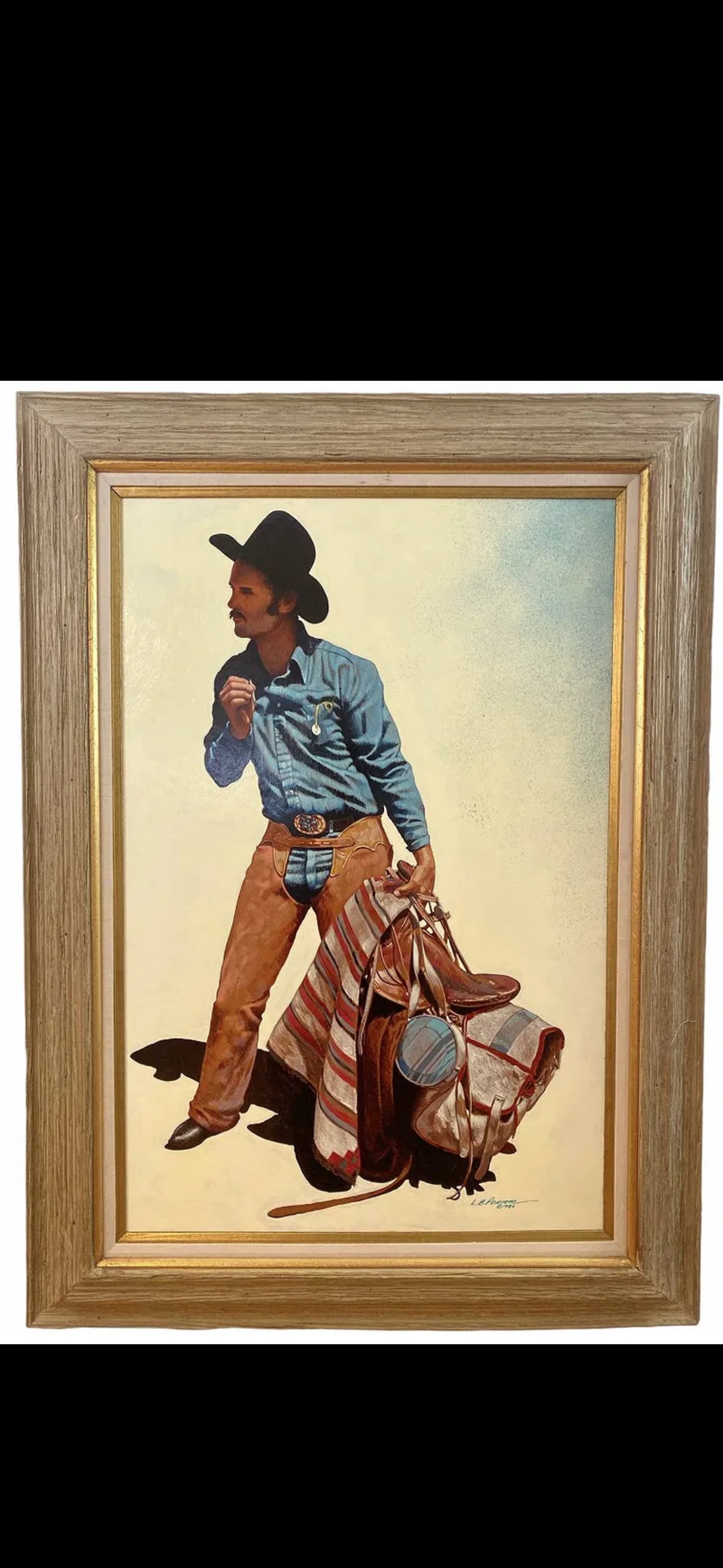 Cowboy by L. Benjamin Porter Oil on Panel: Frame Size 46 x 34in- Painting: 26x 34 in - Born: 1929 - El Paso, TexasKnown for: Female nude in western landscape painting, romanticism, decorationName variants: Lawrence Benjamin Porter.L.B. Porter