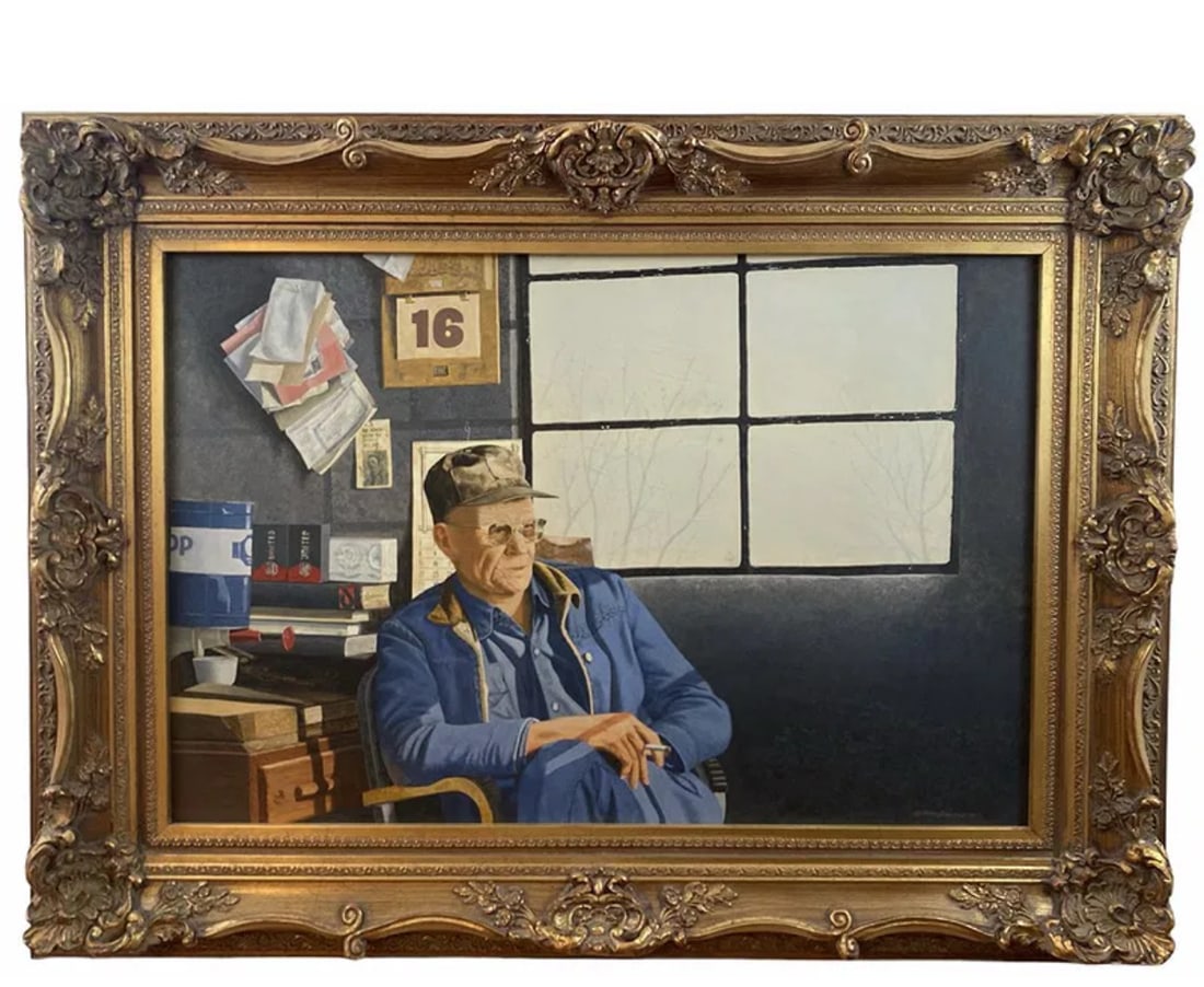 1985 Oil on Panel by Walt Johnston: Frame: 46 in H x 35 in - Painting: 35 in H x 23 in L ***** Walt Johnston was a contemporary realist. He looked at everything in the most modern way, saw the underlying abstract form, then brought that